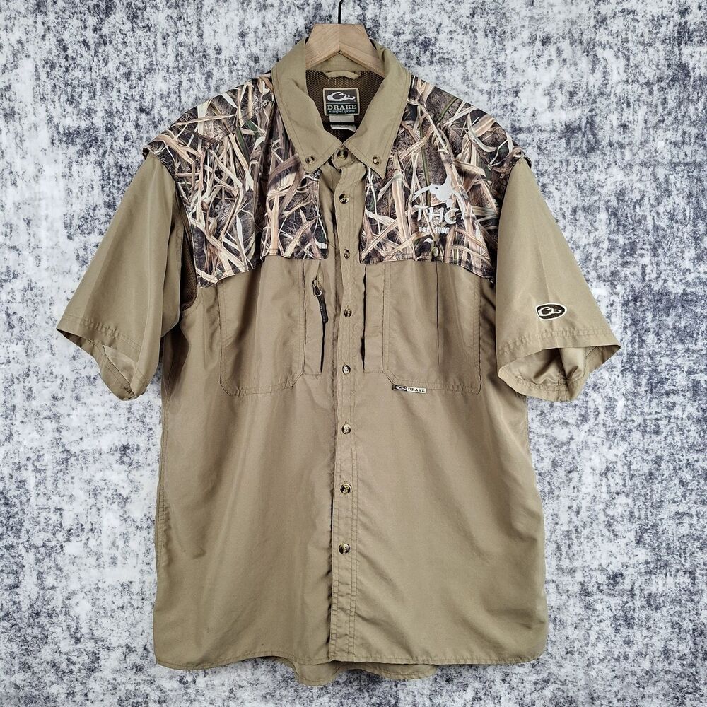 Drake Waterfowl Button Up LOGO Mens L Tan Magnattach Camo Mossy Oak Wingshooter